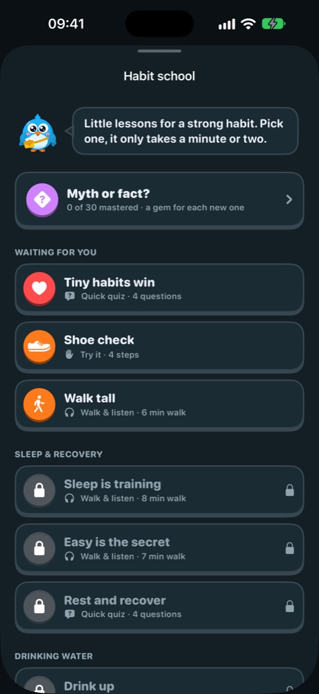 Habit school with quizzes and walk and listen lessons